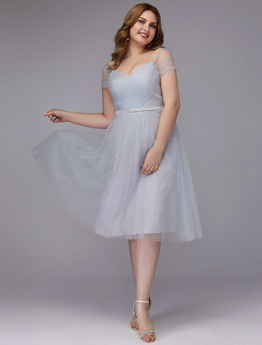 NumberSea - A - Line Elegant Dress Wedding Guest Cocktail Party Tea Length Short Sleeve Off Shoulder Tulle with Sash / Ribbon Criss Cross