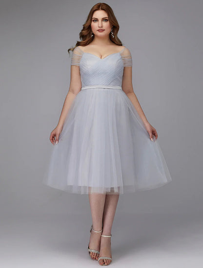 NumberSea - A - Line Elegant Dress Wedding Guest Cocktail Party Tea Length Short Sleeve Off Shoulder Tulle with Sash / Ribbon Criss Cross