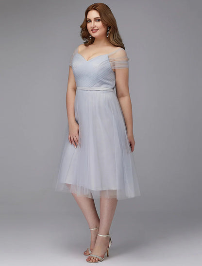 NumberSea - A - Line Elegant Dress Wedding Guest Cocktail Party Tea Length Short Sleeve Off Shoulder Tulle with Sash / Ribbon Criss Cross