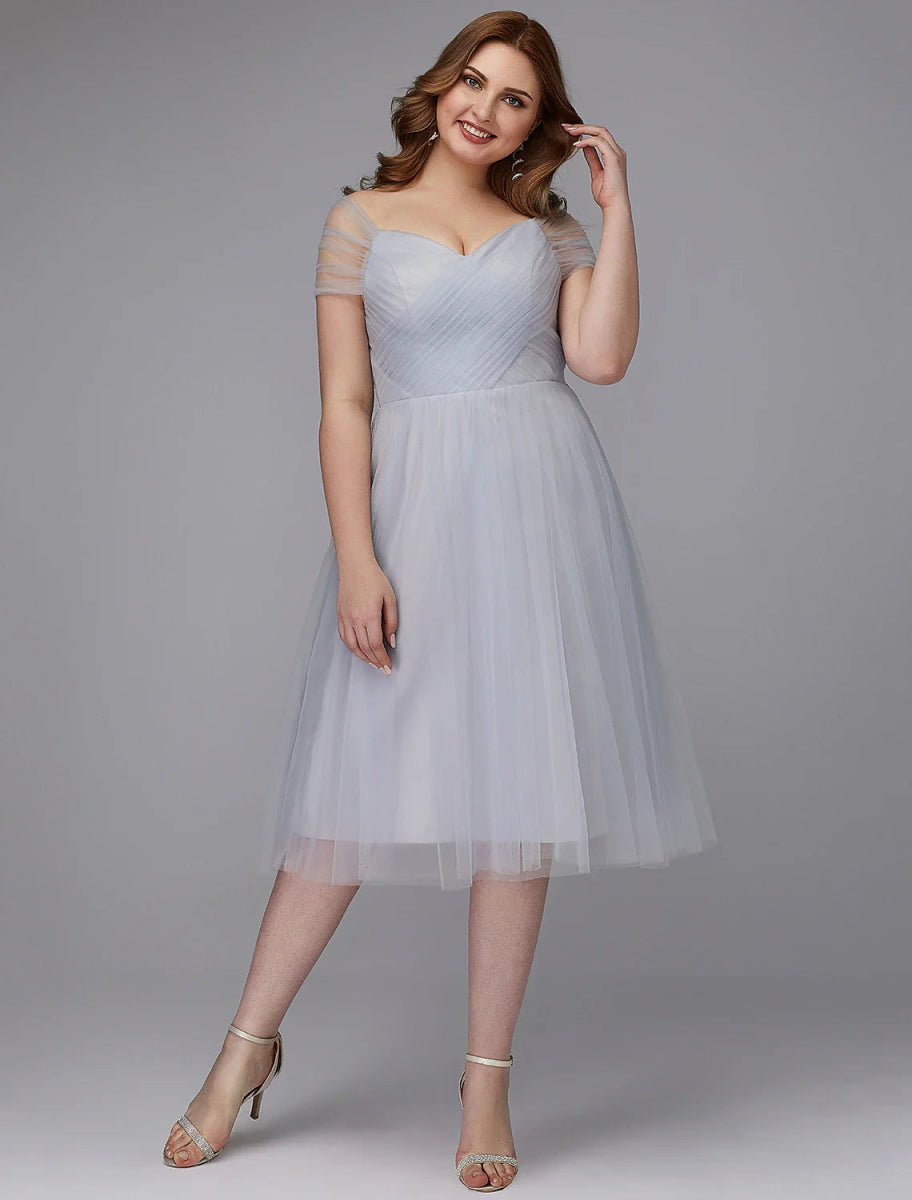 NumberSea - A - Line Elegant Dress Wedding Guest Cocktail Party Tea Length Short Sleeve Off Shoulder Tulle with Sash / Ribbon Criss Cross