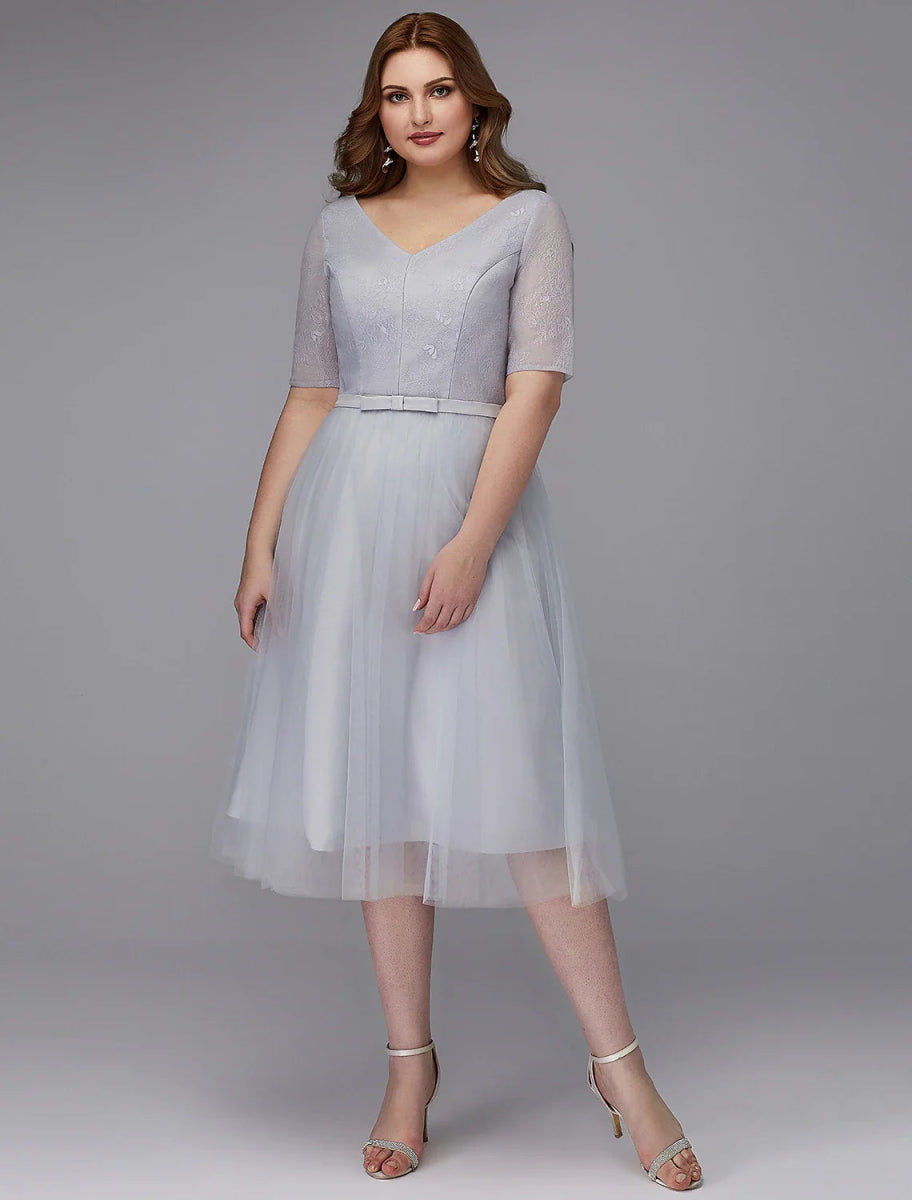 NumberSea - A - Line Elegant Dress Wedding Guest Cocktail Party Tea Length Short Sleeve V Neck Lace Lace - up with Sash / Ribbon