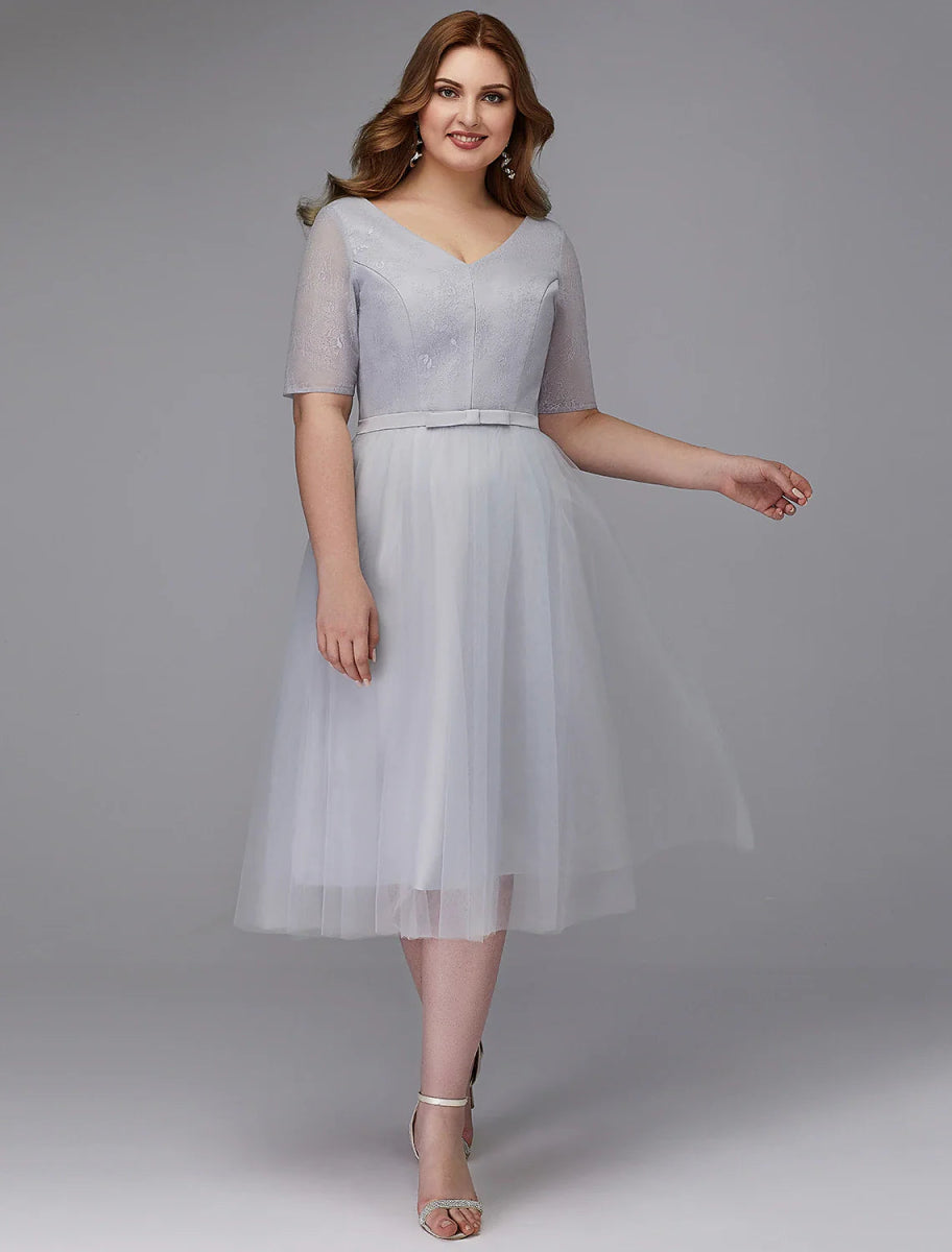 NumberSea - A - Line Elegant Dress Wedding Guest Cocktail Party Tea Length Short Sleeve V Neck Lace Lace - up with Sash / Ribbon