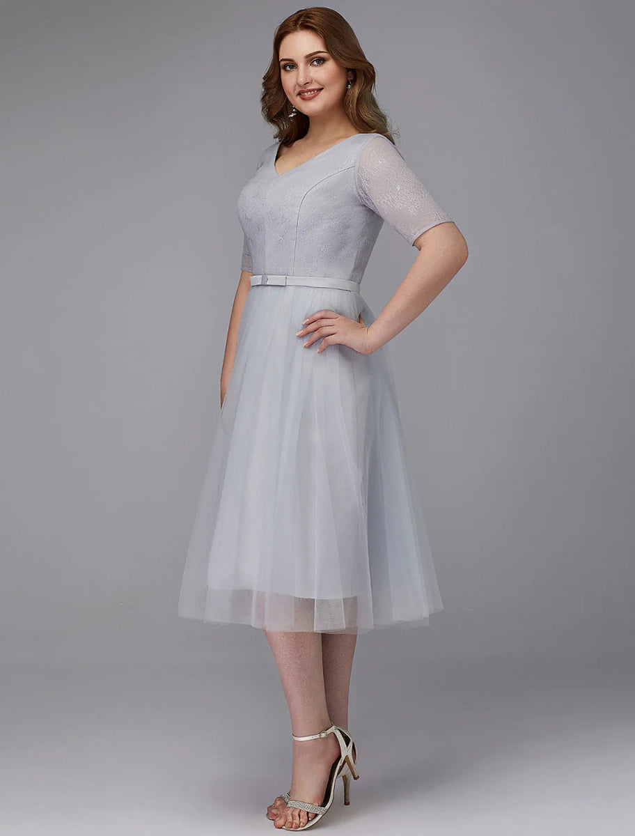 NumberSea - A - Line Elegant Dress Wedding Guest Cocktail Party Tea Length Short Sleeve V Neck Lace Lace - up with Sash / Ribbon