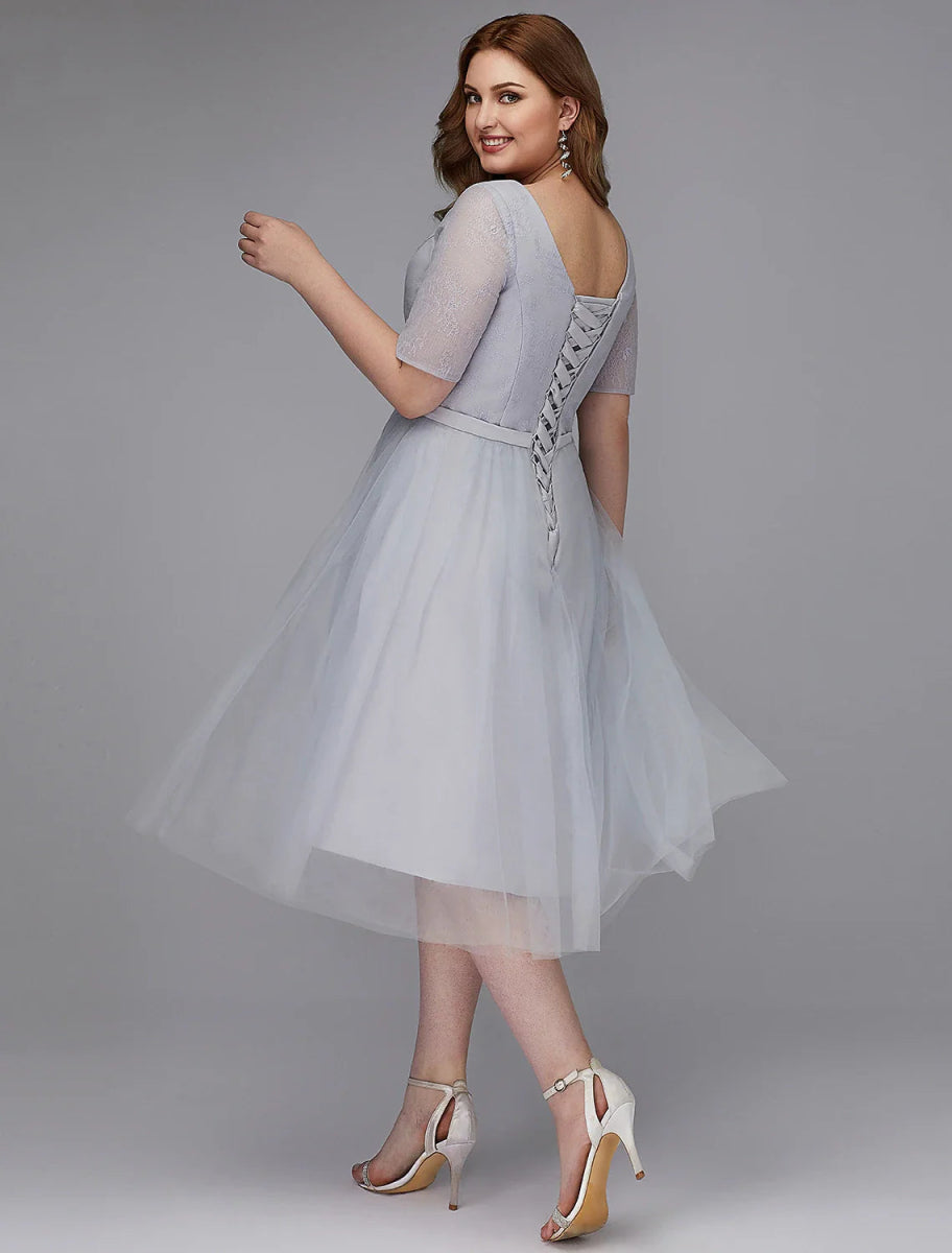 NumberSea - A - Line Elegant Dress Wedding Guest Cocktail Party Tea Length Short Sleeve V Neck Lace Lace - up with Sash / Ribbon