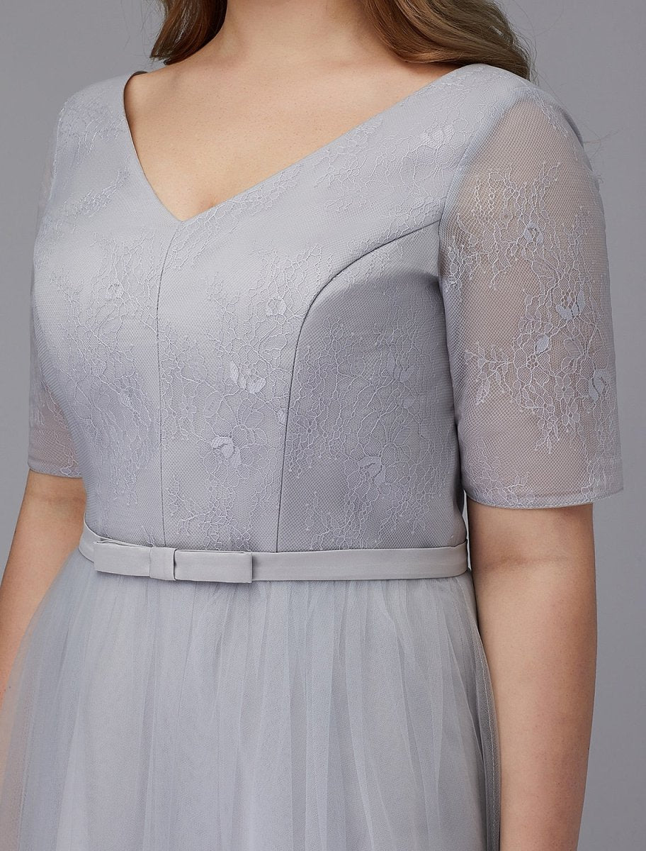 NumberSea - A - Line Elegant Dress Wedding Guest Cocktail Party Tea Length Short Sleeve V Neck Lace Lace - up with Sash / Ribbon