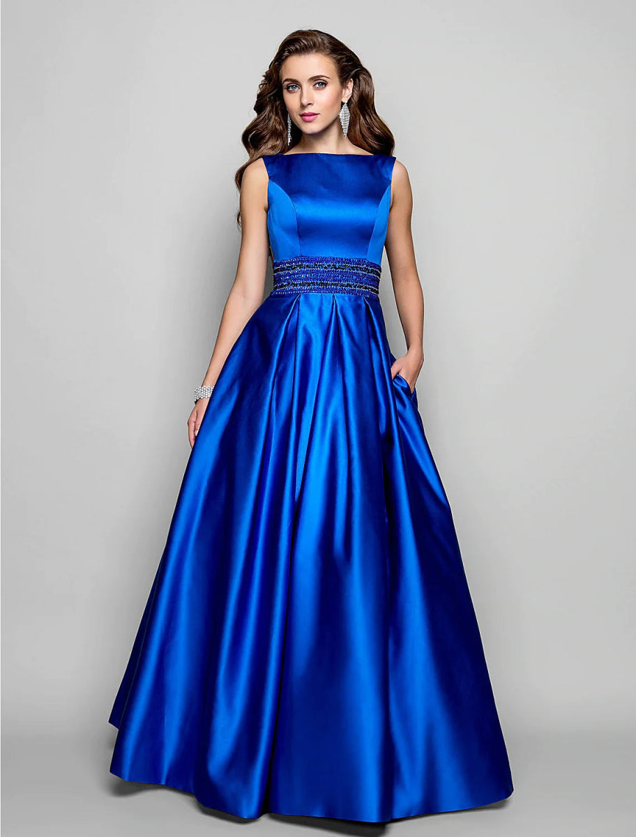 NumberSea - A - Line Elegant Dress Wedding Guest Floor Length Sleeveless Boat Neck Pocket Satin with Pleats Beading