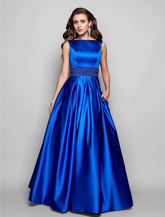 NumberSea - A - Line Elegant Dress Wedding Guest Floor Length Sleeveless Boat Neck Pocket Satin with Pleats Beading