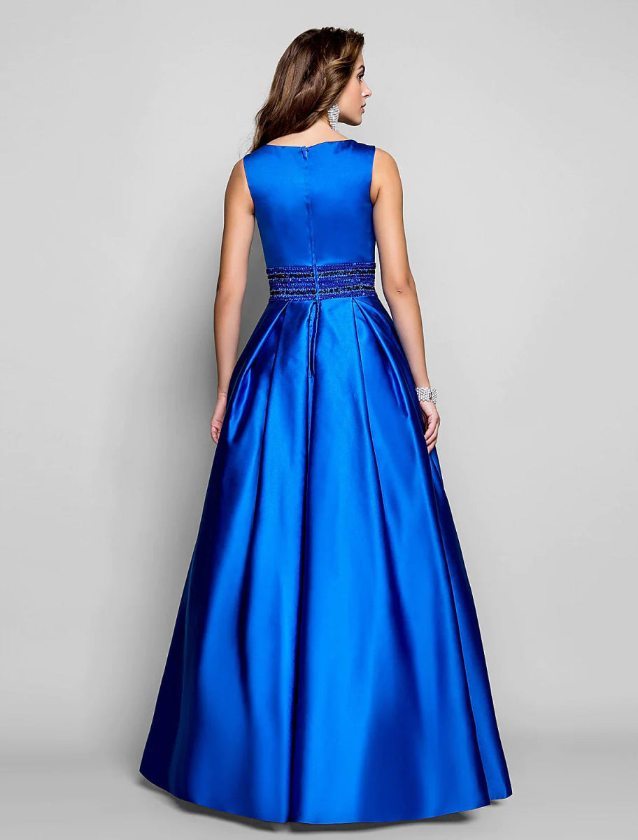 NumberSea - A - Line Elegant Dress Wedding Guest Floor Length Sleeveless Boat Neck Pocket Satin with Pleats Beading