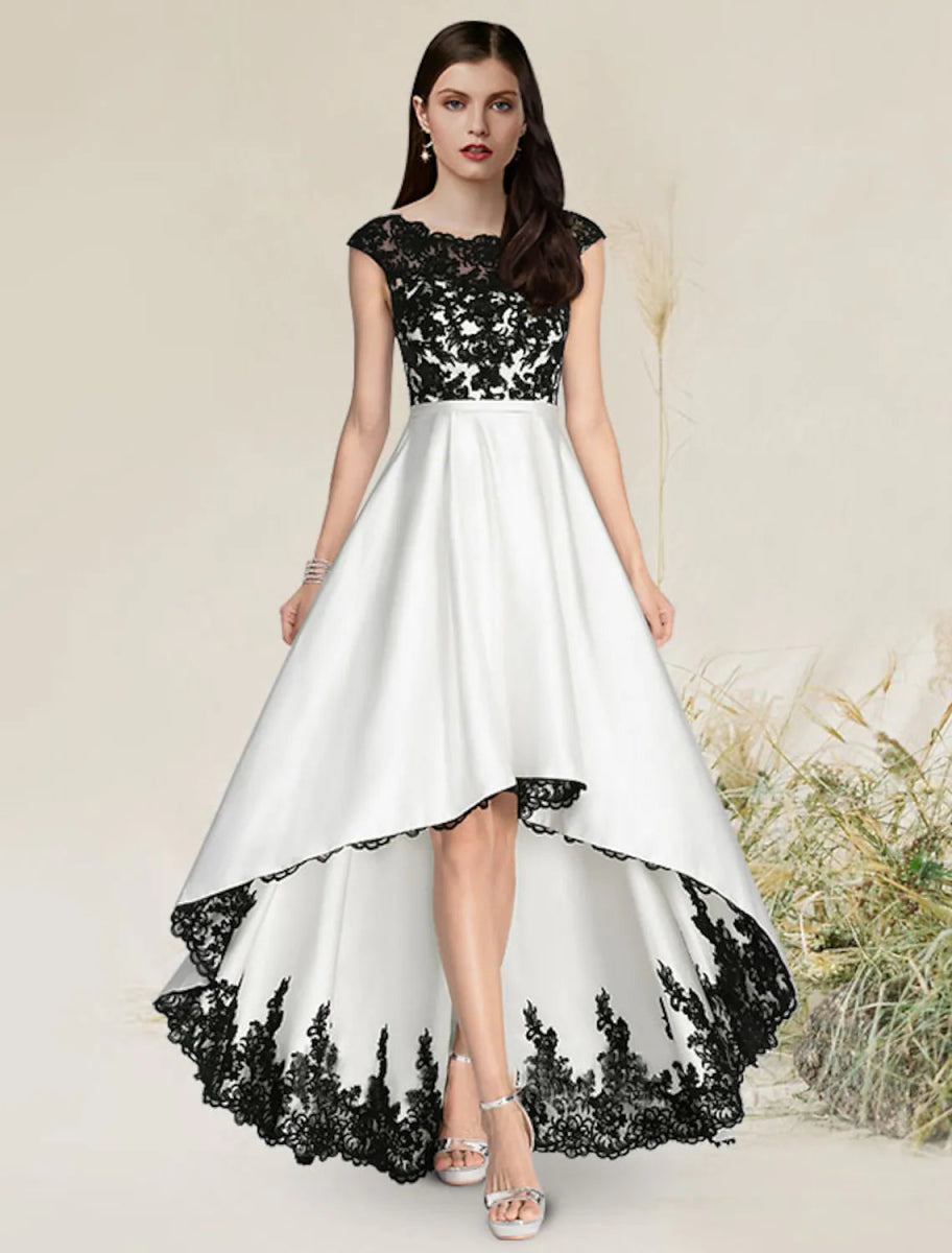 NumberSea - A - Line Elegant Engagement Formal Evening Dress Jewel Neck Sleeveless Asymmetrical Satin with Appliques