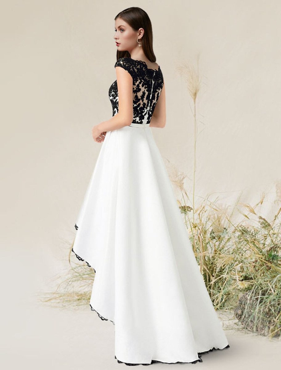 NumberSea - A - Line Elegant Engagement Formal Evening Dress Jewel Neck Sleeveless Asymmetrical Satin with Appliques