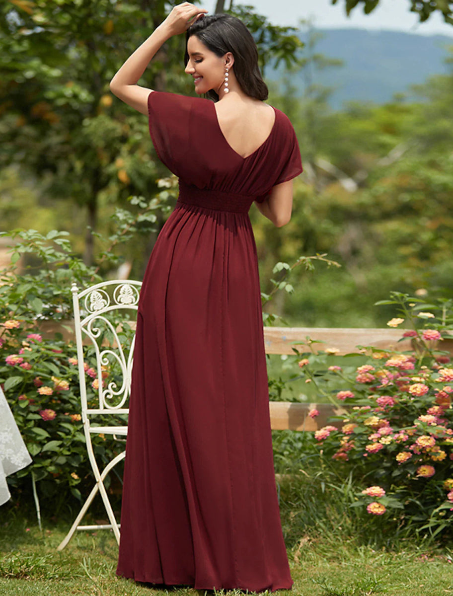 NumberSea - A - Line Elegant Formal Evening Dress V Neck Short Sleeve Floor Length Chiffon with Draping