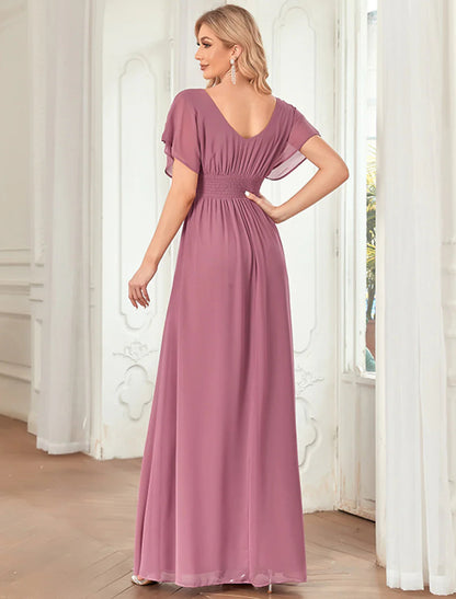 NumberSea - A - Line Elegant Formal Evening Dress V Neck Short Sleeve Floor Length Chiffon with Draping