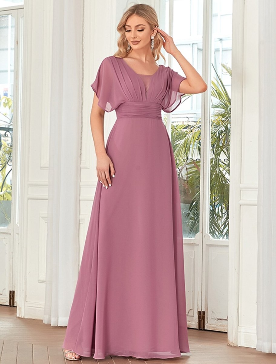 NumberSea - A - Line Elegant Formal Evening Dress V Neck Short Sleeve Floor Length Chiffon with Draping