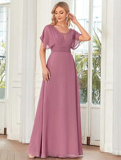 NumberSea - A - Line Elegant Formal Evening Dress V Neck Short Sleeve Floor Length Chiffon with Draping