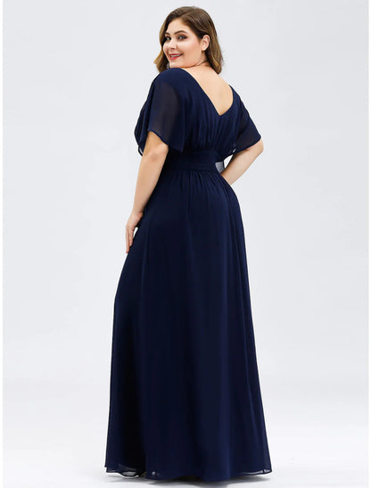 NumberSea - A - Line Elegant Formal Evening Dress V Neck Short Sleeve Floor Length Chiffon with Draping