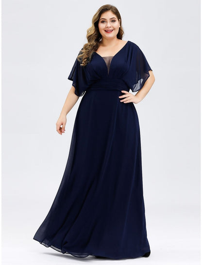 NumberSea - A - Line Elegant Formal Evening Dress V Neck Short Sleeve Floor Length Chiffon with Draping