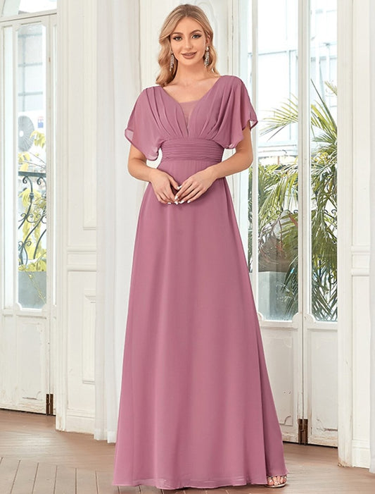 NumberSea - A - Line Elegant Formal Evening Dress V Neck Short Sleeve Floor Length Chiffon with Draping