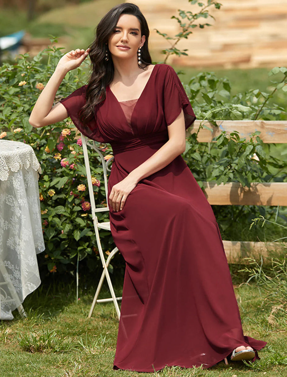 NumberSea - A - Line Elegant Formal Evening Dress V Neck Short Sleeve Floor Length Chiffon with Draping