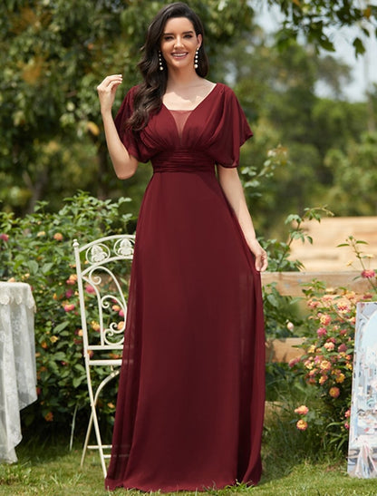 NumberSea - A - Line Elegant Formal Evening Dress V Neck Short Sleeve Floor Length Chiffon with Draping