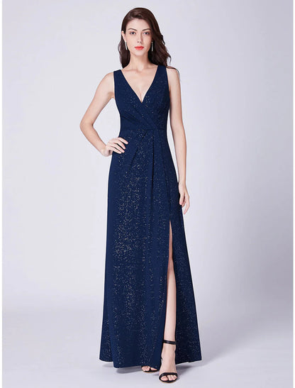 NumberSea - A - Line Elegant Formal Evening Dress V Neck Sleeveless Floor Length Cotton Blend with Draping