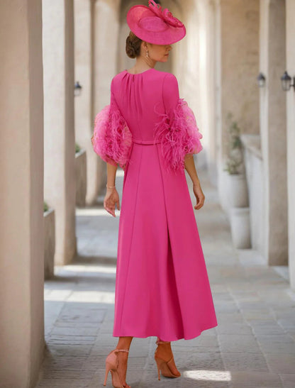 NumberSea - A - Line Elegant Jewel Neck Asymmetrical Stretch Fabric Half Sleeve with Mother of the Bride Dress