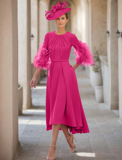 NumberSea - A - Line Elegant Jewel Neck Asymmetrical Stretch Fabric Half Sleeve with Mother of the Bride Dress