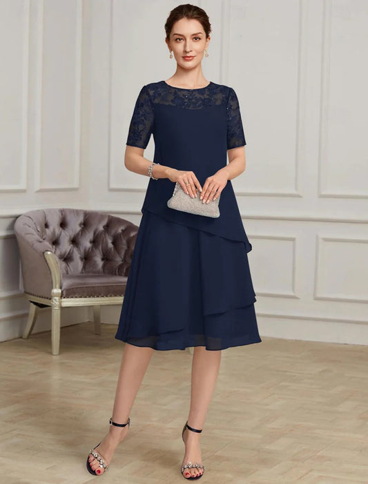 NumberSea - A - Line Elegant Length Chiffon Short Sleeve with Lace Mother of the Bride Dress