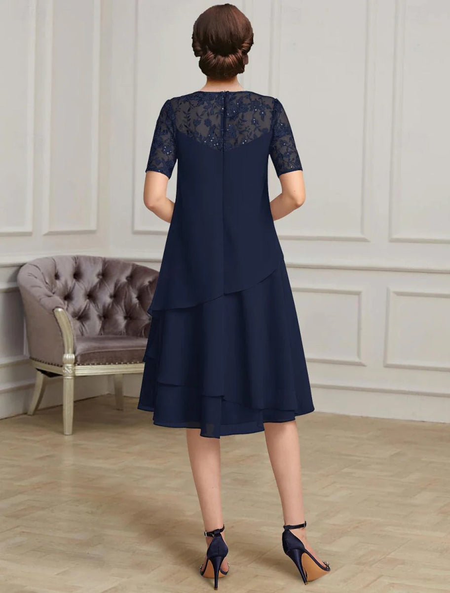 NumberSea - A - Line Elegant Length Chiffon Short Sleeve with Lace Mother of the Bride Dress