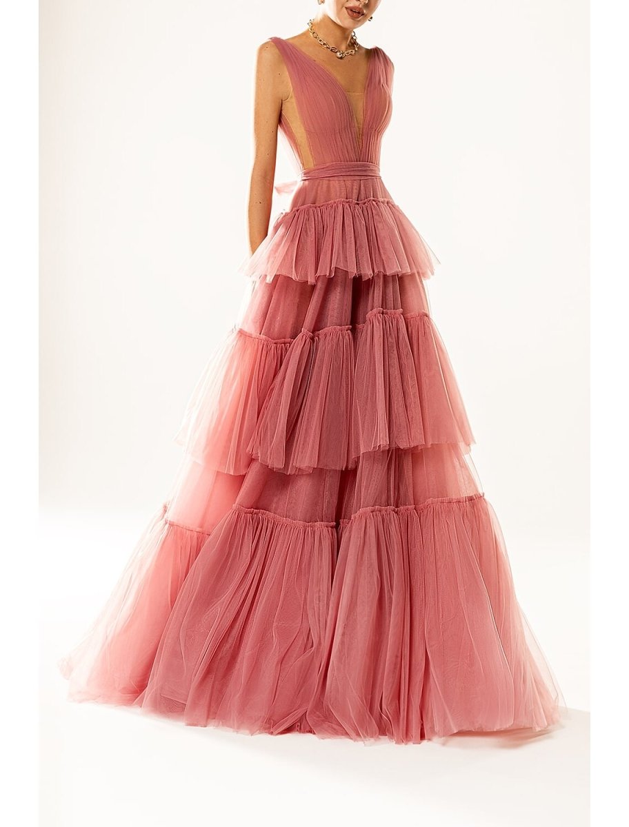 NumberSea - A - Line Elegant Princess Wedding Guest Formal Evening Dress V Neck Sleeveless Court Train Tulle with Tier Pure Color