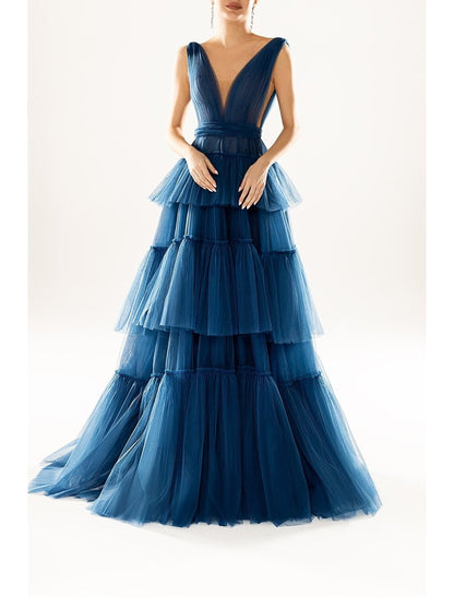 NumberSea - A - Line Elegant Princess Wedding Guest Formal Evening Dress V Neck Sleeveless Court Train Tulle with Tier Pure Color