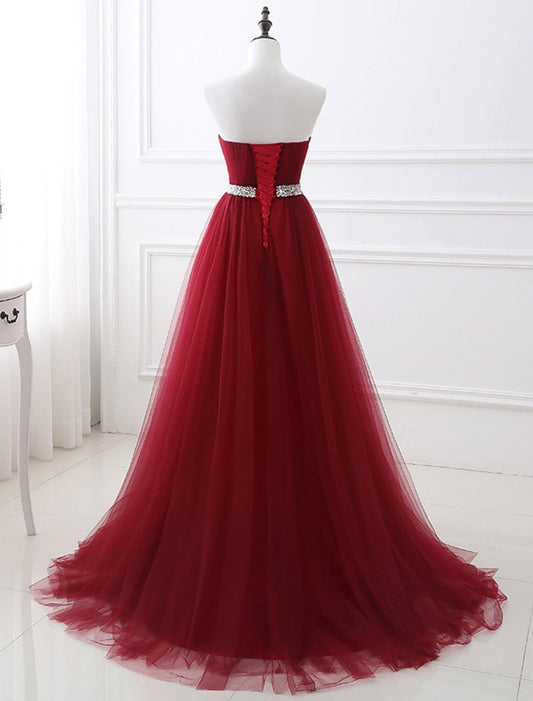 NumberSea - A - Line Elegant Quinceanera Prom Valentine's Day Dress Strapless Sleeveless Chapel Train Satin with Crystals