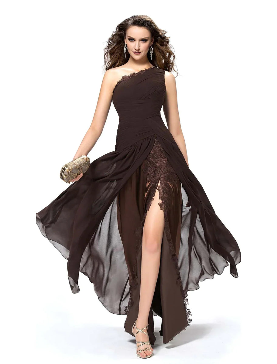 NumberSea - A - Line Elegant Sexy Party Wear Formal Evening Dress One Shoulder Backless Sleeveless Floor Length Chiffon with Slit Lace Insert