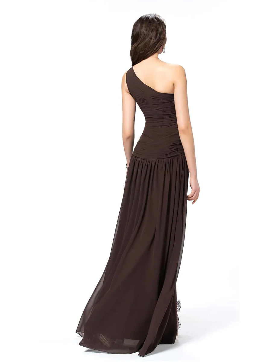 NumberSea - A - Line Elegant Sexy Party Wear Formal Evening Dress One Shoulder Backless Sleeveless Floor Length Chiffon with Slit Lace Insert