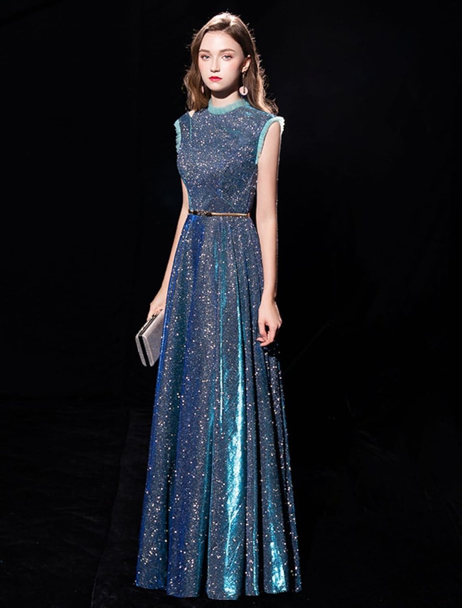 NumberSea - A - Line Elegant Sparkle & Shine Formal Evening Dress High Neck Sleeveless Floor Length Tulle with Sash / Ribbon