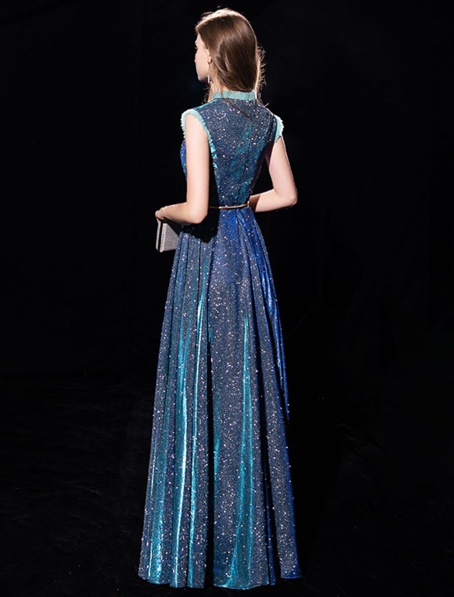 NumberSea - A - Line Elegant Sparkle & Shine Formal Evening Dress High Neck Sleeveless Floor Length Tulle with Sash / Ribbon