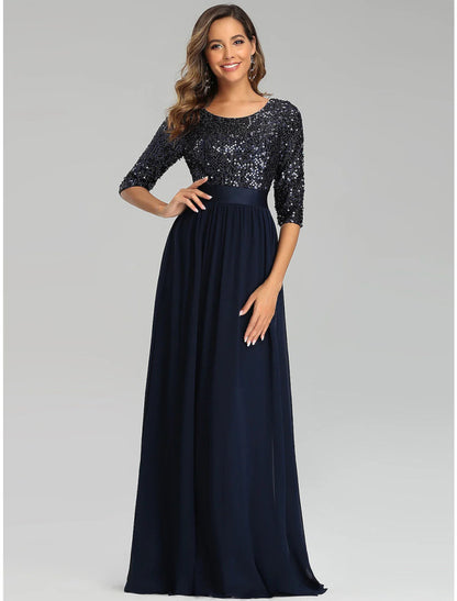 NumberSea - A - Line Elegant Wedding Guest Formal Evening Dress Jewel Neck 3/4 Length Sleeve Floor Length Tulle with Sequin