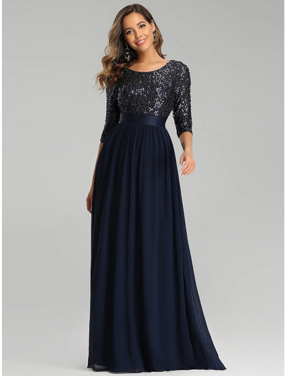 NumberSea - A - Line Elegant Wedding Guest Formal Evening Dress Jewel Neck 3/4 Length Sleeve Floor Length Tulle with Sequin