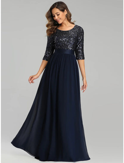 NumberSea - A - Line Elegant Wedding Guest Formal Evening Dress Jewel Neck 3/4 Length Sleeve Floor Length Tulle with Sequin