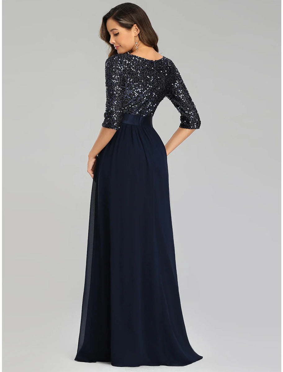 NumberSea - A - Line Elegant Wedding Guest Formal Evening Dress Jewel Neck 3/4 Length Sleeve Floor Length Tulle with Sequin