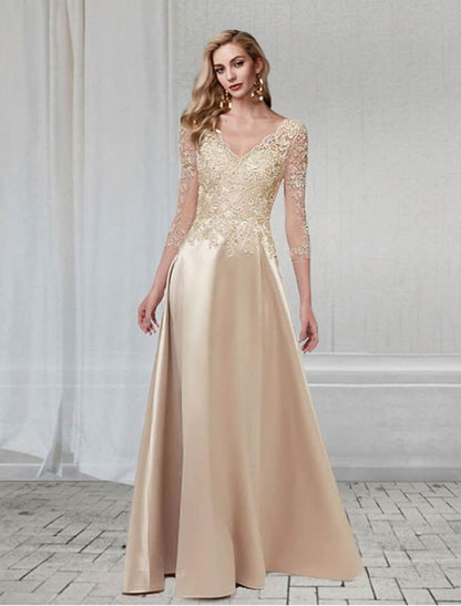 NumberSea - A - Line Elegant Wedding Guest Formal Evening Dress V Neck 3/4 Length Sleeve Floor Length Chiffon with Appliques