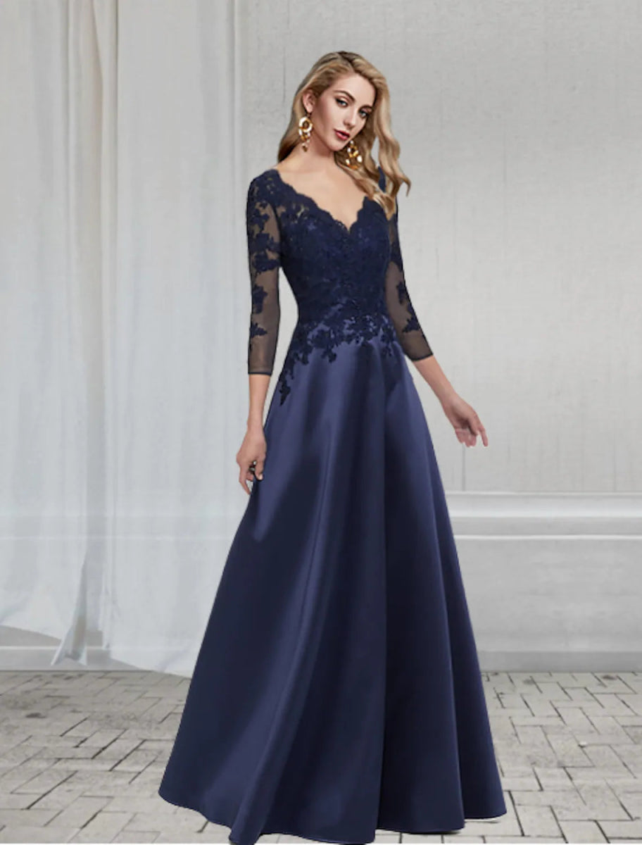 NumberSea - A - Line Elegant Wedding Guest Formal Evening Dress V Neck 3/4 Length Sleeve Floor Length Chiffon with Appliques