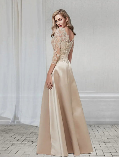 NumberSea - A - Line Elegant Wedding Guest Formal Evening Dress V Neck 3/4 Length Sleeve Floor Length Chiffon with Appliques