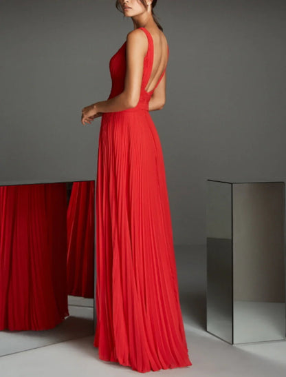 NumberSea - A - Line Empire Christmas Red Green Dress Formal Evening Dress V Neck Sleeveless Floor Length Chiffon with Pleats