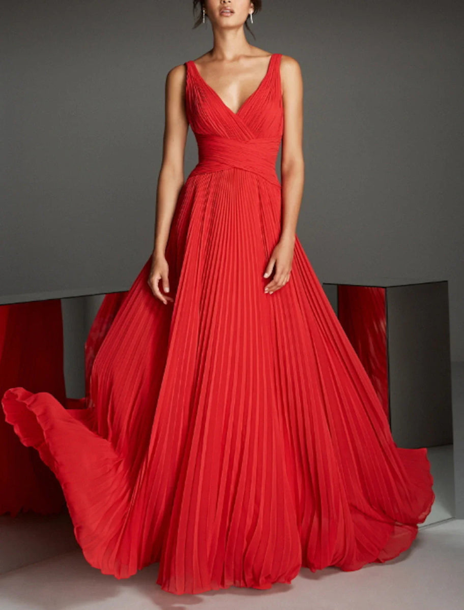 NumberSea - A - Line Empire Christmas Red Green Dress Formal Evening Dress V Neck Sleeveless Floor Length Chiffon with Pleats