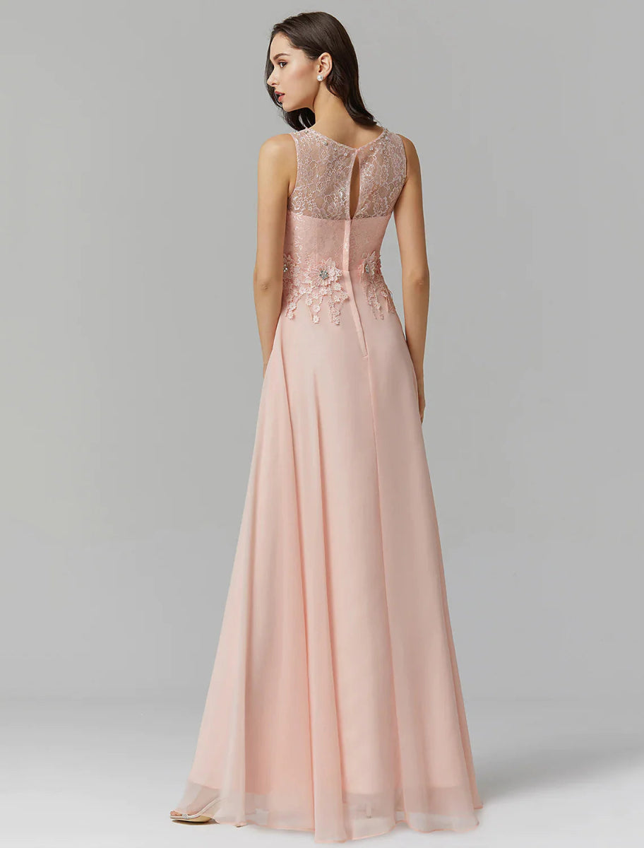 NumberSea - A - Line Empire Dress Wedding Guest Floor Length Sleeveless Illusion Neck Chiffon with Beading Appliques