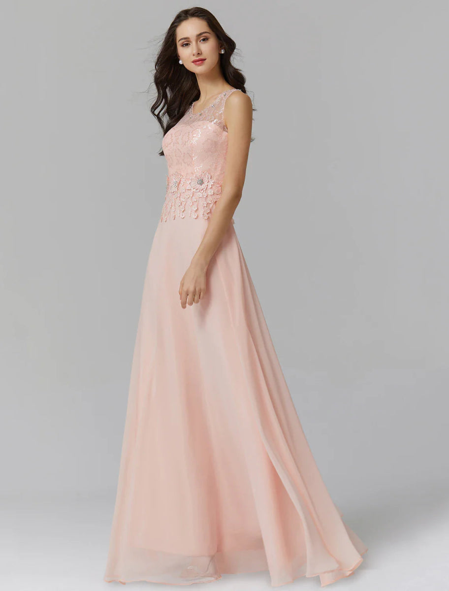 NumberSea - A - Line Empire Dress Wedding Guest Floor Length Sleeveless Illusion Neck Chiffon with Beading Appliques