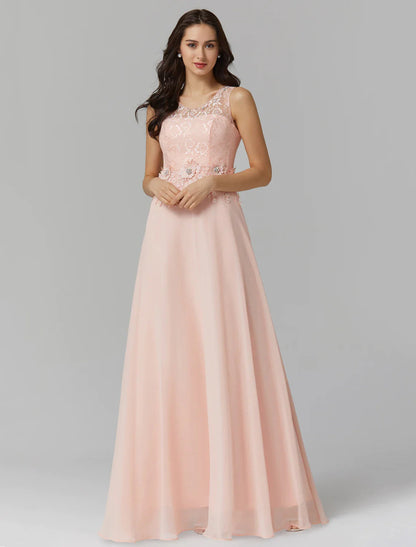 NumberSea - A - Line Empire Dress Wedding Guest Floor Length Sleeveless Illusion Neck Chiffon with Beading Appliques