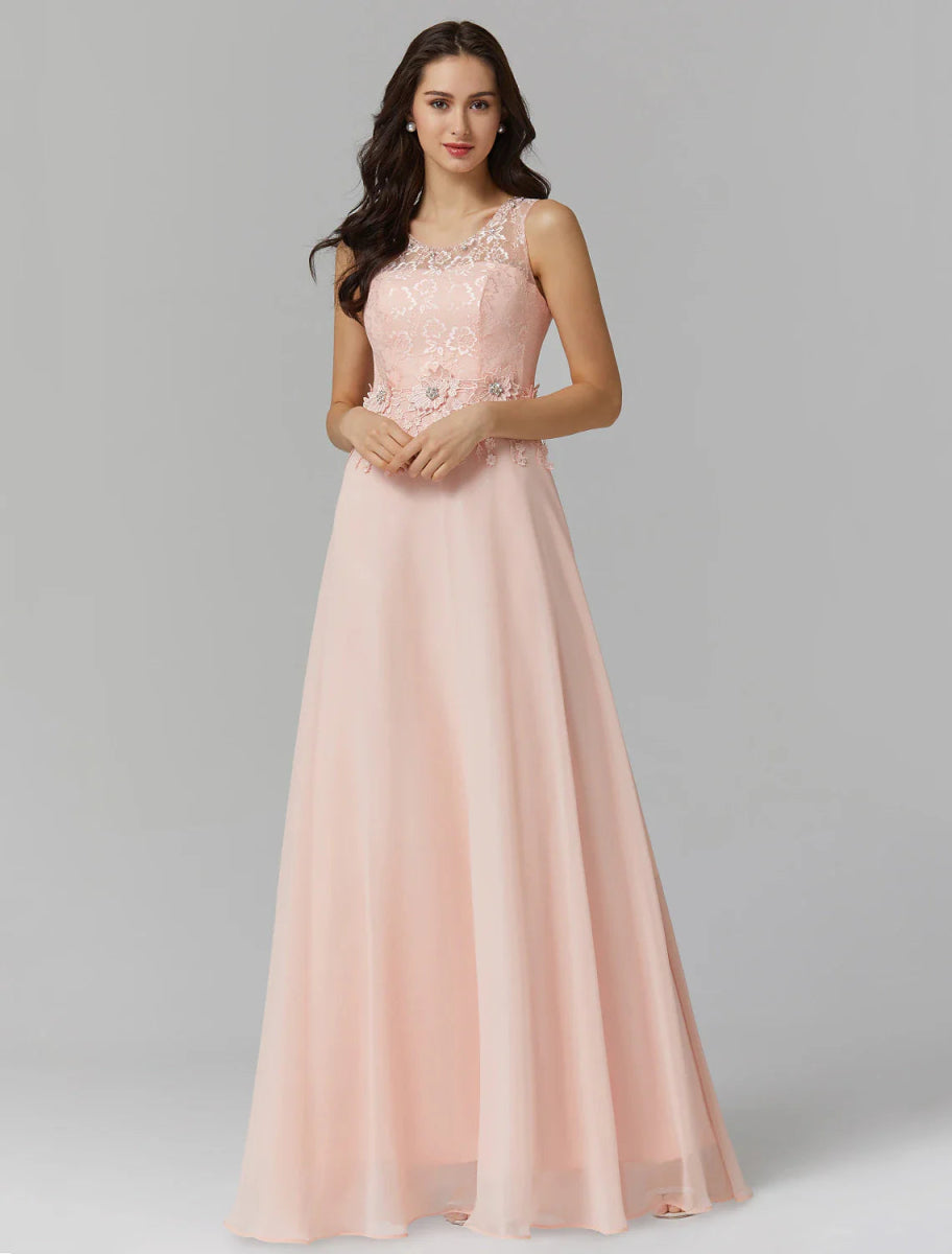 NumberSea - A - Line Empire Dress Wedding Guest Prom Floor Length Sleeveless Illusion Neck Bridesmaid Dress Chiffon with Beading Appliques