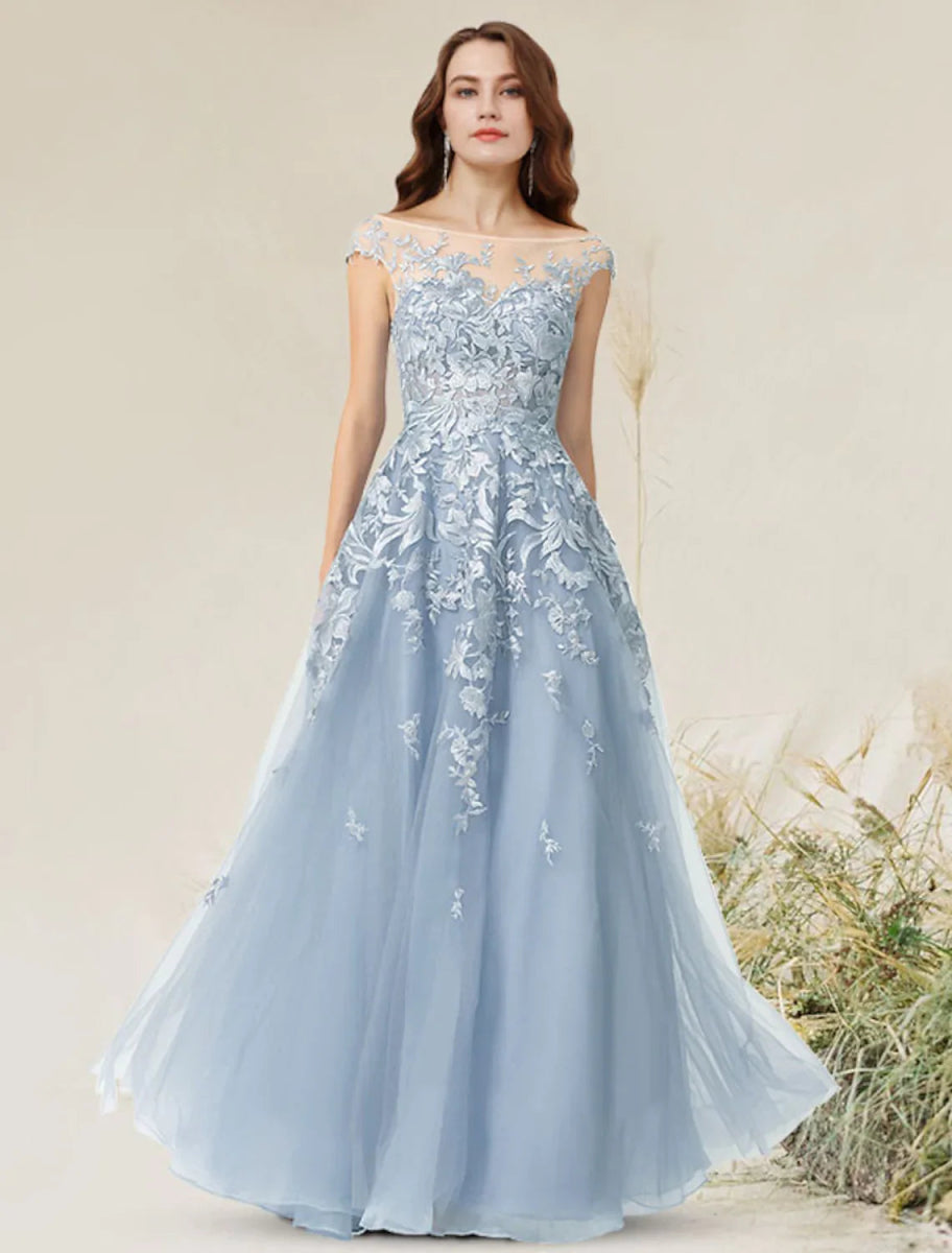 NumberSea - A - Line Empire Elegant Party Wear Formal Evening Dress Jewel Neck Sleeveless Floor Length Lace with Appliques