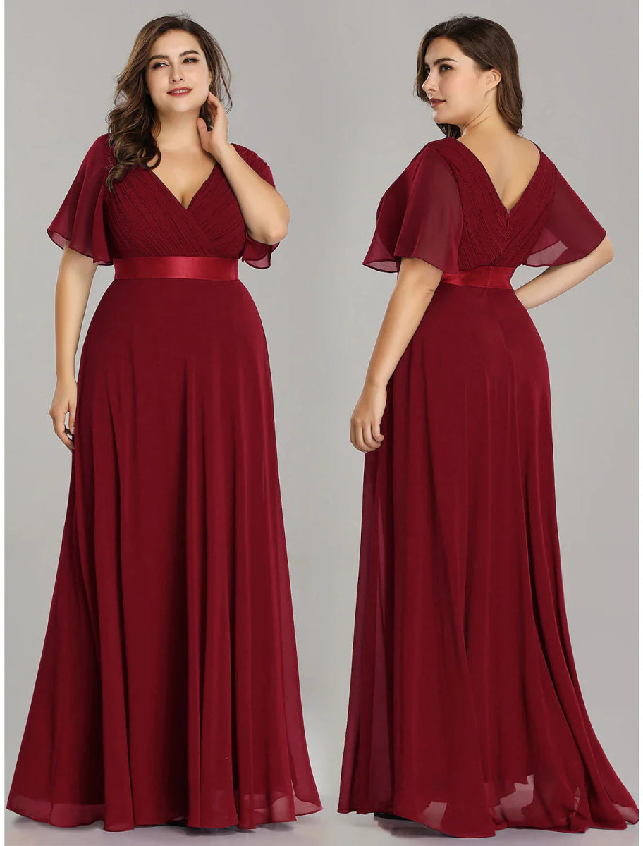 NumberSea - A - Line Empire Fall Wedding Guest Dress For Bridesmaid Plus Size Formal Evening Dress V Neck Short Sleeve Floor Length Chiffon with Pleats Ruched